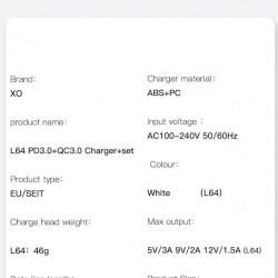 XO Φορτιστής Χωρίς Καλώδιο με Θύρα USB-A και Θύρα USB-C 18W Quick Charge 3.0 / Power Delivery Λευκός (L64)