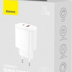 Baseus Φορτιστής Χωρίς Καλώδιο με Θύρα USB-A και Θύρα USB-C 20W Power Delivery / Quick Charge 3.0 Λευκός (Compact)