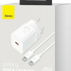 Baseus Φορτιστής με Θύρα USB-C και Καλώδιο USB-C 25W Λευκός (Super Si)