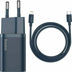 Baseus Φορτιστής με Θύρα USB-C και Καλώδιο USB-C - Lightning 20W Power Delivery Μπλε (Super Si)