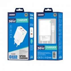 Jellico Φορτιστής με Θύρα USB-A και Θύρα USB-C και Καλώδιο USB-C 38W Power Delivery / Quick Charge 3.0 Λευκός (C122)