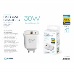 Platinet Φορτιστής Χωρίς Καλώδιο με Θύρα USB-A και Θύρα USB-C 30W Λευκός (PLCPD30W)