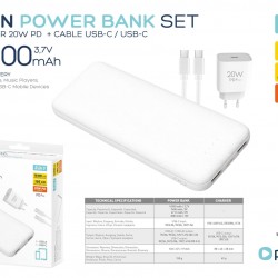 PLATINET POWER BANK SET 10000 MAH + 20W PD CHARGER + 1M CABLE WHITE