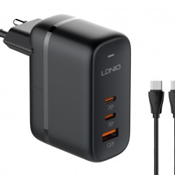 LDNIO φορτιστής τοίχου Q366 με καλώδιο, USB/2x USB-C, 65W, GaN, μαύρος