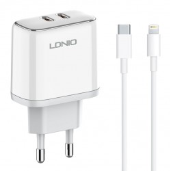 LDNIO φορτιστής τοίχου A2528M με καλώδιο, 2x USB-C, 35W, MFi, λευκό