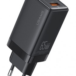 USAMS φορτιστής τοίχου US-CC180, USB & 2x USB-C, 65W PD, GaN, μαύρος