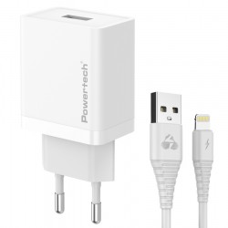 POWERTECH φορτιστής τοίχου PT-1323 με καλώδιο Lightning, USB, 12W, λευκός