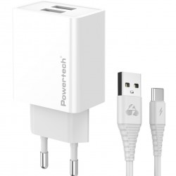 POWERTECH φορτιστής τοίχου PT-1324 με καλώδιο USB-C, 2x USB, 12W, λευκός