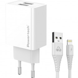 POWERTECH φορτιστής τοίχου PT-1325 με καλώδιο Lightning, 2x USB, 12W, λευκός