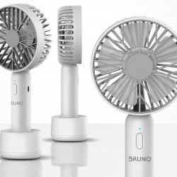 BRUNO φορητός ανεμιστήρας χειρός BRN-0229, επαναφορτιζόμενος, με βάση & λουράκι μεταφοράς, λευκός/γκρι