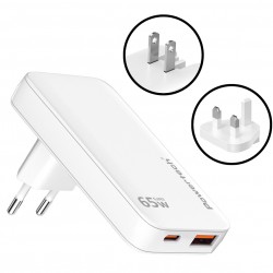 POWERTECH φορτιστής τοίχου PT-1532, EU/UK/CN βύσμα, USB/USB-C, 65W, GaN, λευκός