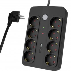 POWERTECH πολύπριζο ασφαλείας PT-1535, 8 θέσεων, με USB & USB-C θύρες, 16A, 1.5m, μαύρο