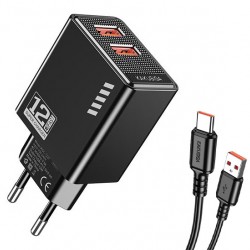 KAKUSIGA φορτιστής τοίχου KSC-1238 με καλώδιο USB-C, 2x USB, 12W, μαύρος