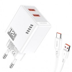 KAKUSIGA φορτιστής τοίχου KSC-1238 με καλώδιο USB-C, 2x USB, 12W, λευκός