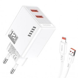KAKUSIGA φορτιστής τοίχου KSC-1238 με καλώδιο Lightning, 2x USB, 12W, λευκός