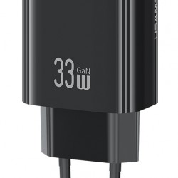 USAMS φορτιστής τοίχου CC317, USB & USB-C, 33W, GaN, μαύρος