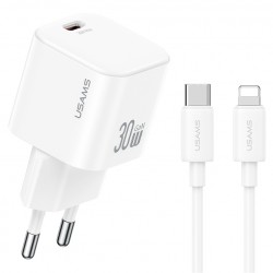 USAMS φορτιστής τοίχου CC262 με καλώδιο Lightning, 30W, GaN, λευκός
