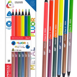 MP σετ χρωματιστές ξυλομπογιές με διπλή μύτη PE334, 3mm μύτη, τρίγωνες, φθορίζοντα & μεταλλικά χρώματα, 6τμχ