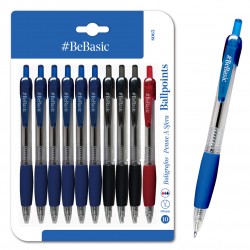 BEBASIC σετ στυλό διαρκείας ballpoint S065, 1mm μύτη, 14.5cm, μπλε/μαύρο/κόκκινο, 10τμχ