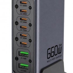 POWERTECH σταθμός φόρτισης PT-1621, 2x USB & 6x USB-C, GaN, 140W, γκρι