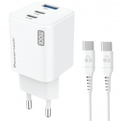 POWERTECH μίνι φορτιστής τοίχου PT-1671 με καλώδιο, USB/2x USB-C, 100W, GaN, λευκός