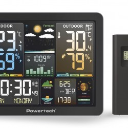 POWERTECH ψηφιακός μετεωρολογικός σταθμός PT-1660 με ασύρματο εξωτερικό αισθητήρα, ξυπνητήρι, μαύρος