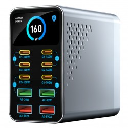 POWERTECH σταθμός φόρτισης PT-1687, 4x USB & 6x USB-C, GaN, 165W, γκρι