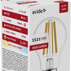 Avide LED Filament Κοινή 10.5W E27 A65 360° Θερμό 2700K Υψηλής Φωτεινότητας
